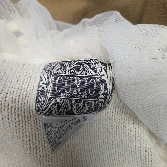 Curio Cardigan S | Vintage 80s Cream Knit Chiffon Ruffle Coquette Cottagecore - Picture 6 of 6